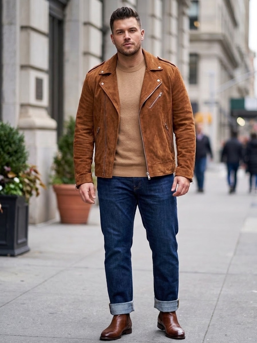 ASOS DESIGN Men’s Tan Genuine Suede Leather Biker Jacket - Size L